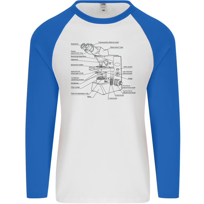 Microscope Biology Science Mens L/S Baseball T-Shirt White/Royal Blue