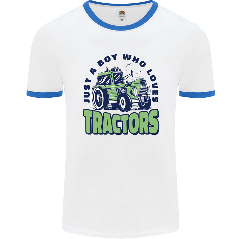 Just a Boy Who Loves Tractors Farmer Mens Ringer T-Shirt White/Royal Blue