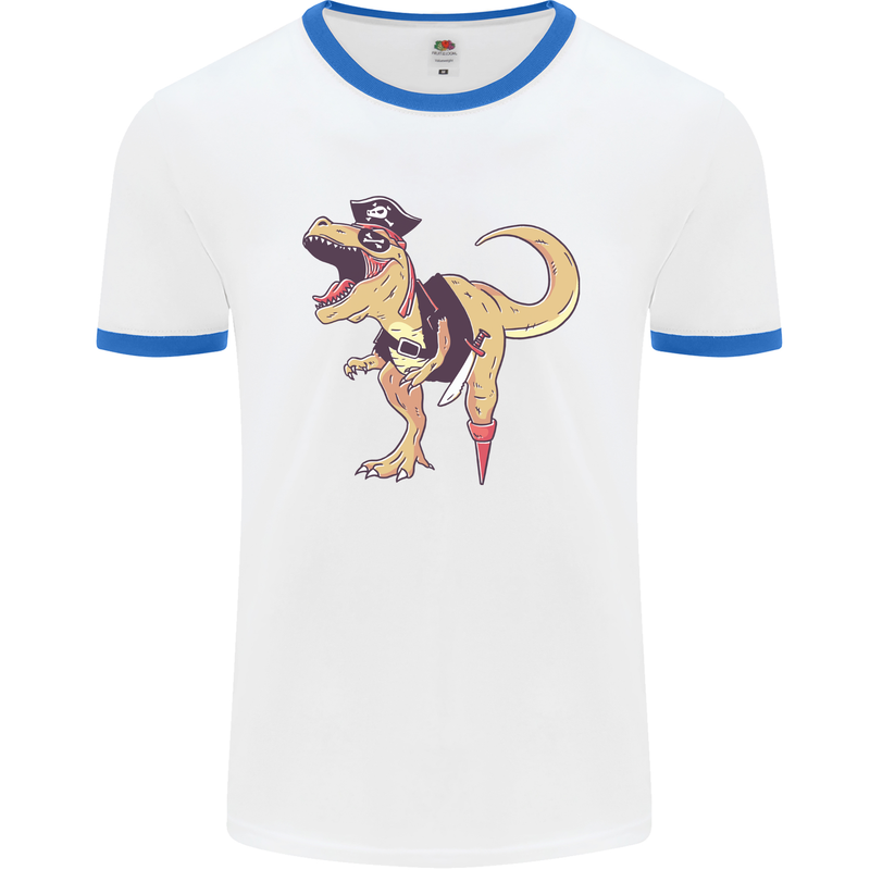 Pirate T-Rex Funny Dinosaur Mens Ringer T-Shirt White/Royal Blue