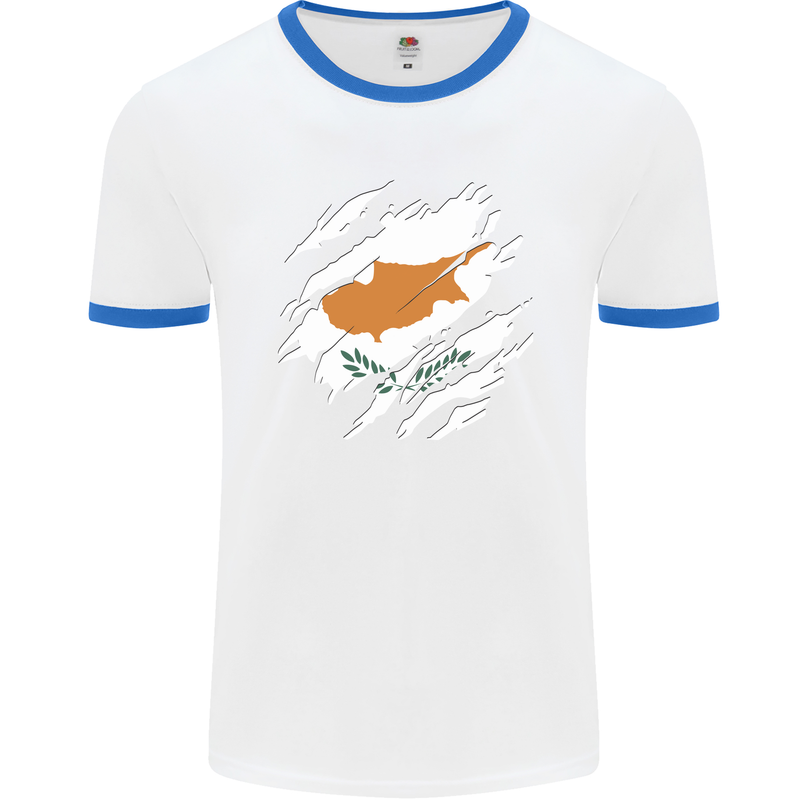 Torn Cyprus Flag Cypriot Day Football Mens Ringer T-Shirt White/Royal Blue