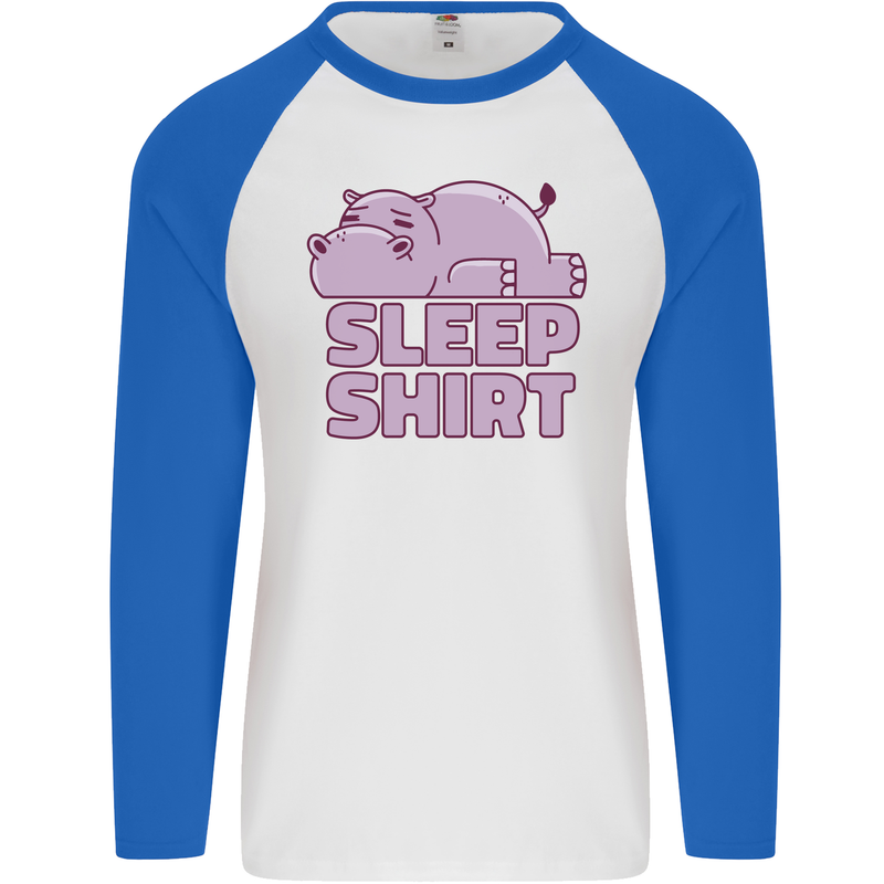 A Hippo Sleeping Shirt Hippomotamus Mens L/S Baseball T-Shirt White/Royal Blue