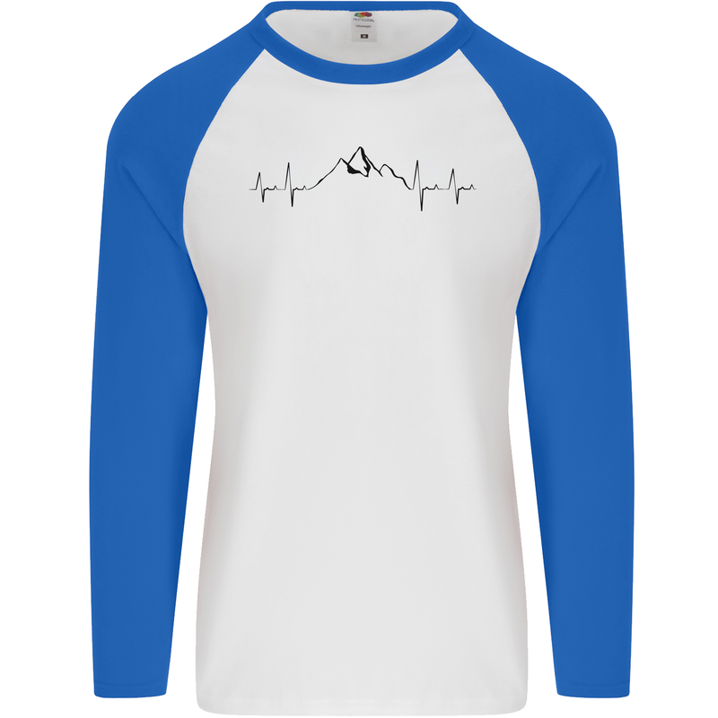 Mountain ECG Hiking Trekking Climbing Pulse Mens L/S Baseball T-Shirt White/Royal Blue