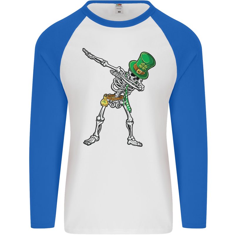 St Patricks Day Dabbing Skeleton Skull Mens L/S Baseball T-Shirt White/Royal Blue