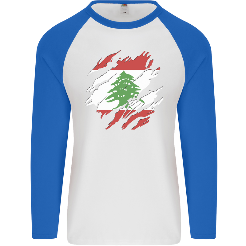 Torn Lebanon Flag Lebanese Day Football Mens L/S Baseball T-Shirt White/Royal Blue