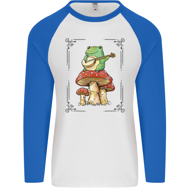 A Frog Playing the Guitar on a Toadstool Mens L/S Baseball T-Shirt White/Royal Blue