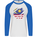 Torn Malaysia Flag Malaysian Day Football Mens L/S Baseball T-Shirt White/Royal Blue