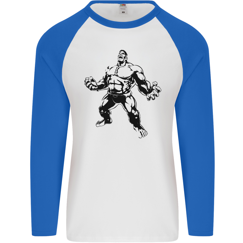 Muscle Man Gym Training Top Bodybuilding Mens L/S Baseball T-Shirt White/Royal Blue