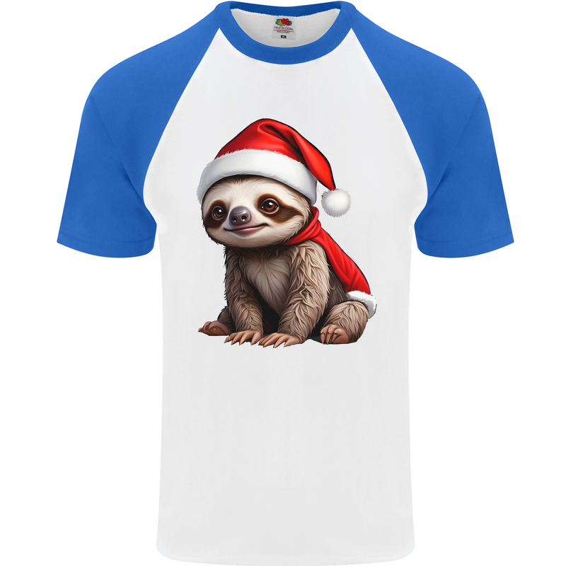 A Cute Christmas Sloth With Xmas Hat on Mens S/S Baseball T-Shirt White/Royal Blue