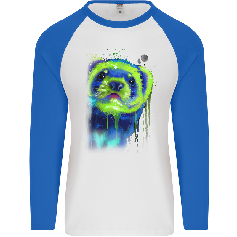 A Ferret Watercolour Mens L/S Baseball T-Shirt White/Royal Blue