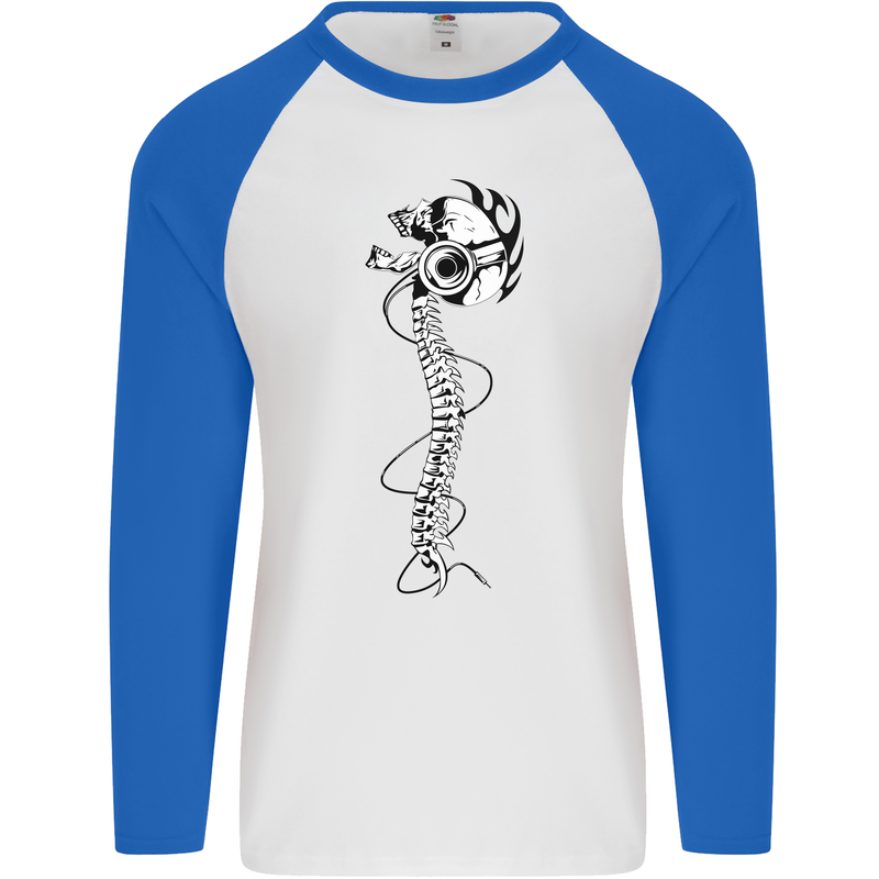 Headphone Wearing Skull Spine Mens L/S Baseball T-Shirt White/Royal Blue