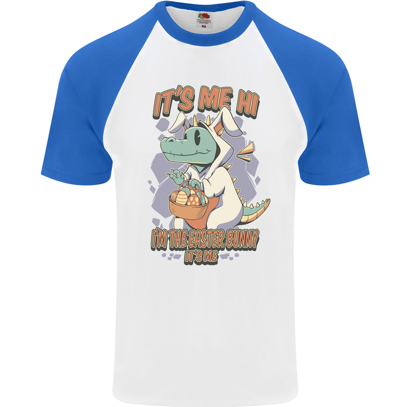 T-Rex Its Me I'm the Easter Bunny Funny Egg Mens S/S Baseball T-Shirt White/Royal Blue