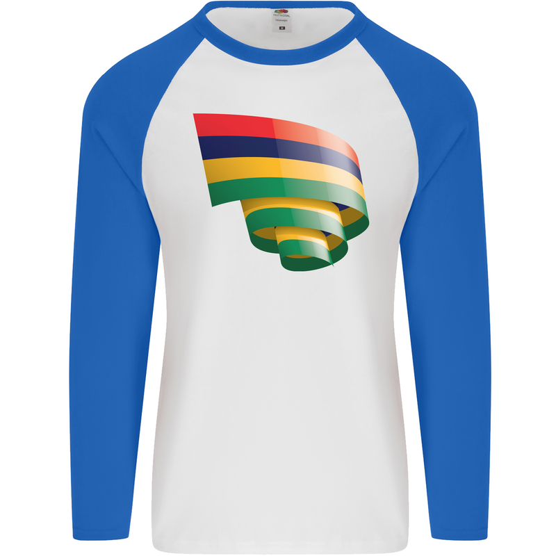 Curled Mauritius Flag Mauritians Day Football Mens L/S Baseball T-Shirt White/Royal Blue