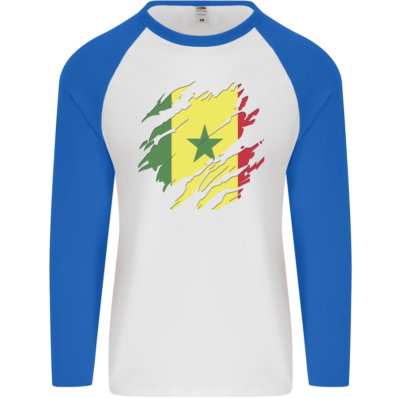 Torn Senegal Flag Senegalese Day Football Mens L/S Baseball T-Shirt White/Royal Blue