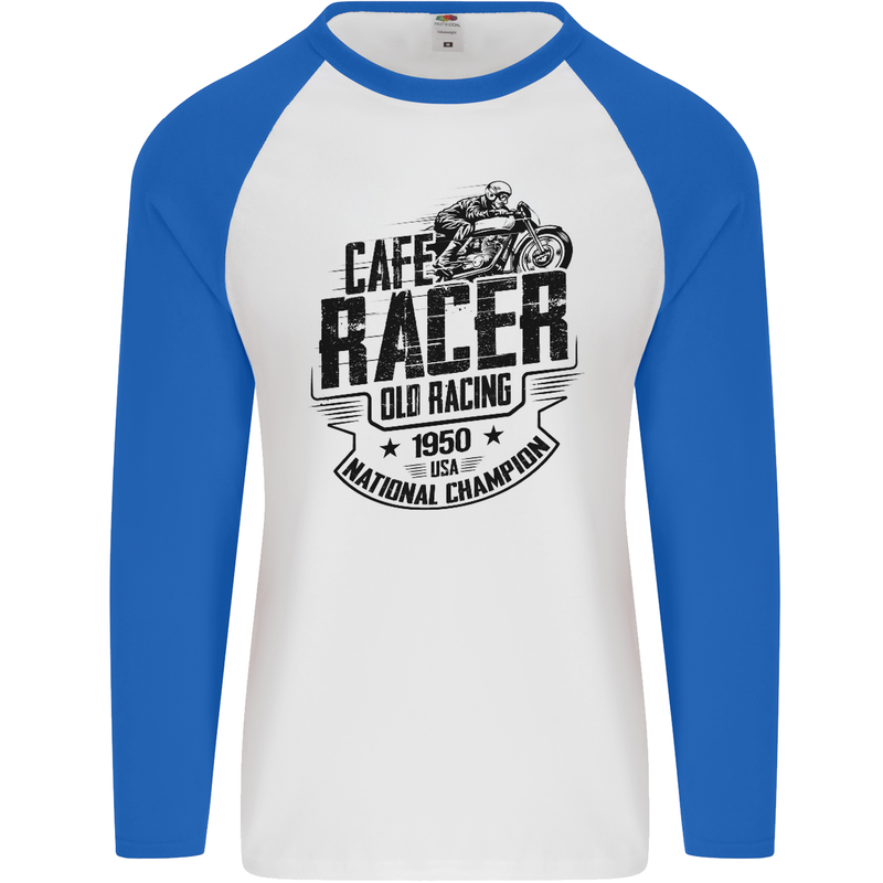 Cafe Racer Old Racing Motorcycle Biker Mens L/S Baseball T-Shirt White/Royal Blue