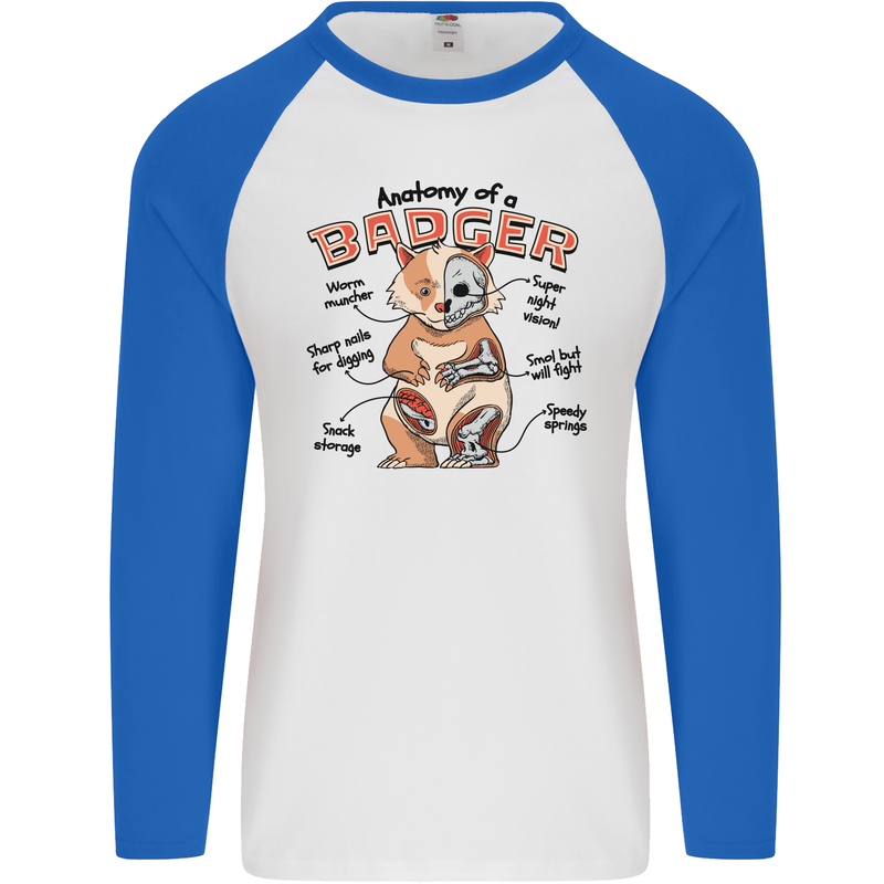 Anatomy of a Badger Funny Mens L/S Baseball T-Shirt White/Royal Blue