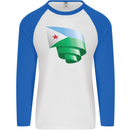 Curled Djibouti Flag Djiboutians Day Football Mens L/S Baseball T-Shirt White/Royal Blue