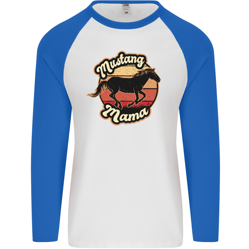 Mustang Mama Equestrian Horse Mens L/S Baseball T-Shirt White/Royal Blue