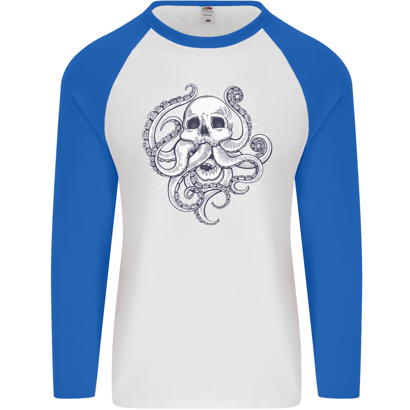 Cthulhu Skull Mens L/S Baseball T-Shirt White/Royal Blue