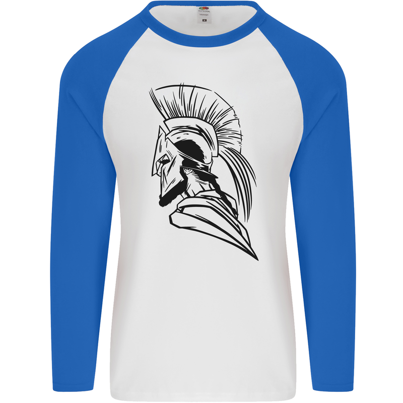 Spartan Helmet Training Bodybuilding MMA Mens L/S Baseball T-Shirt White/Royal Blue