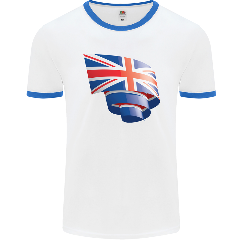 Curled British Flag Union Jack Britain Mens Ringer T-Shirt White/Royal Blue