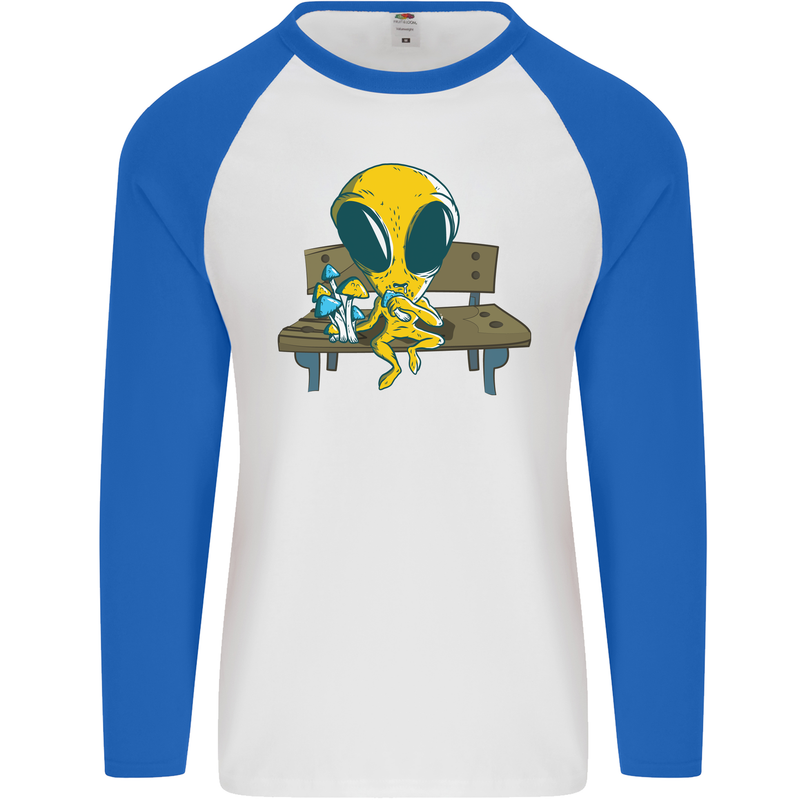 An Alien Eating Magic Mushrooms LSD Mens L/S Baseball T-Shirt White/Royal Blue