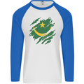 Torn Mauritania Flag Mauritanian Day Football Mens L/S Baseball T-Shirt White/Royal Blue