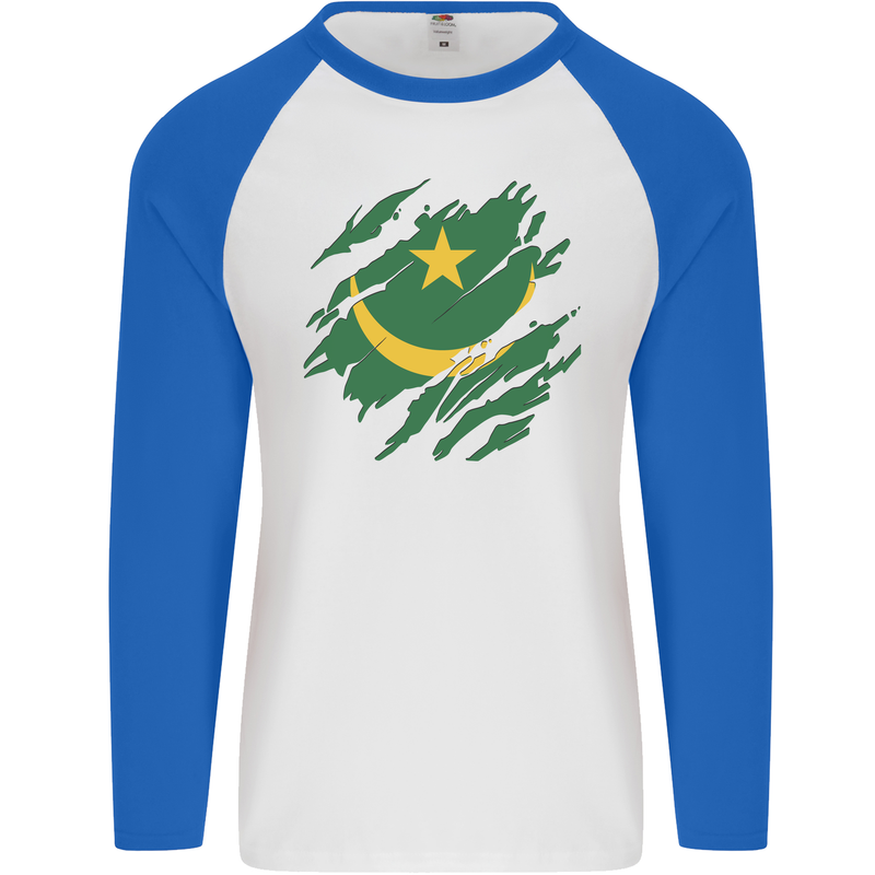 Torn Mauritania Flag Mauritanian Day Football Mens L/S Baseball T-Shirt White/Royal Blue