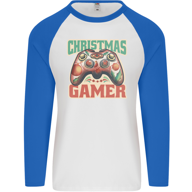 Christmas Gamer Funny Gaming Joypad Mens L/S Baseball T-Shirt White/Royal Blue