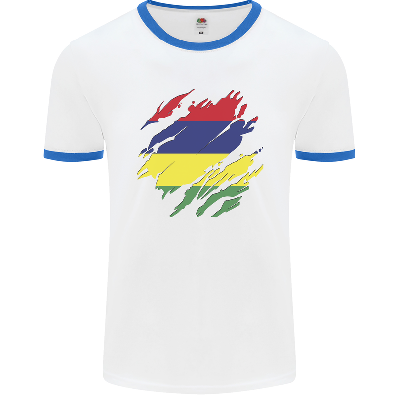 Torn Mauritius Flag Mauritians Day Football Mens Ringer T-Shirt White/Royal Blue