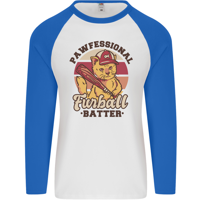 Furball Batter Funny Cat Baseball Humour Mens L/S Baseball T-Shirt White/Royal Blue