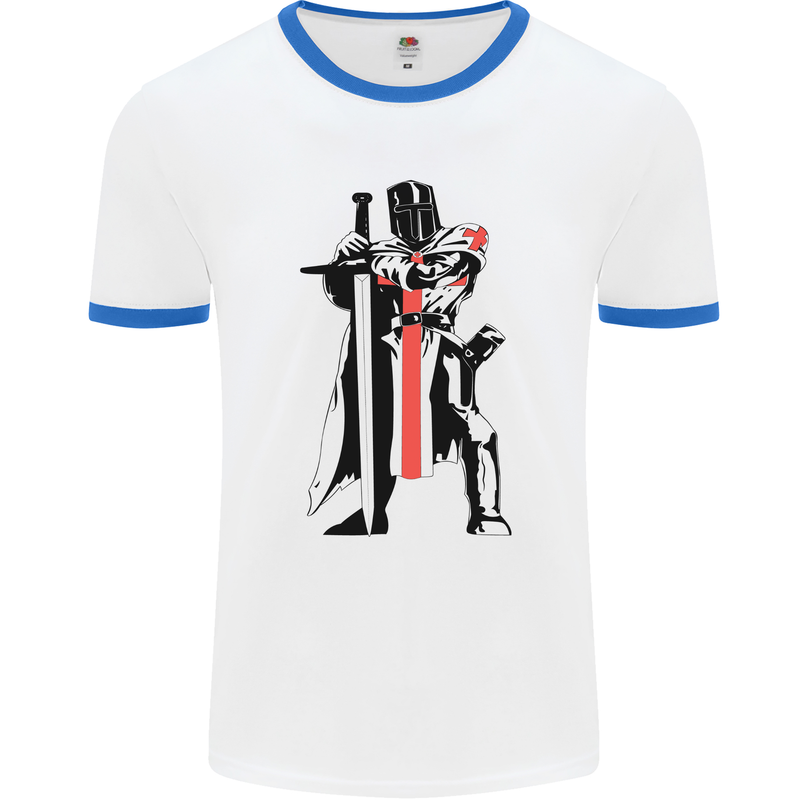 Knights Templar With Broad Sword Mens Ringer T-Shirt White/Royal Blue