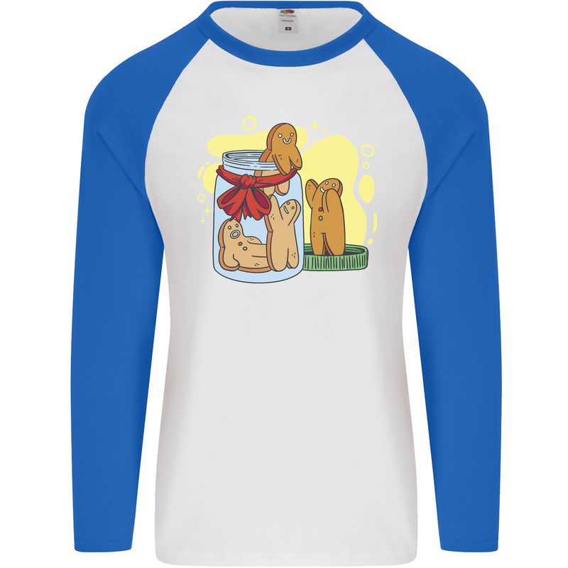 Gingerbread Man Escape Funny Food Mens L/S Baseball T-Shirt White/Royal Blue