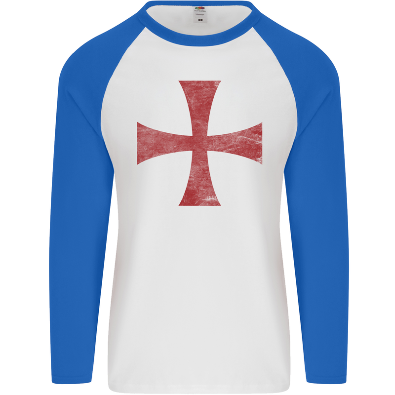 Knights Templar Cross Fancy Dress Outfit Mens L/S Baseball T-Shirt White/Royal Blue