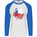 Torn Chile Flag Chilean Day Football Mens L/S Baseball T-Shirt White/Royal Blue