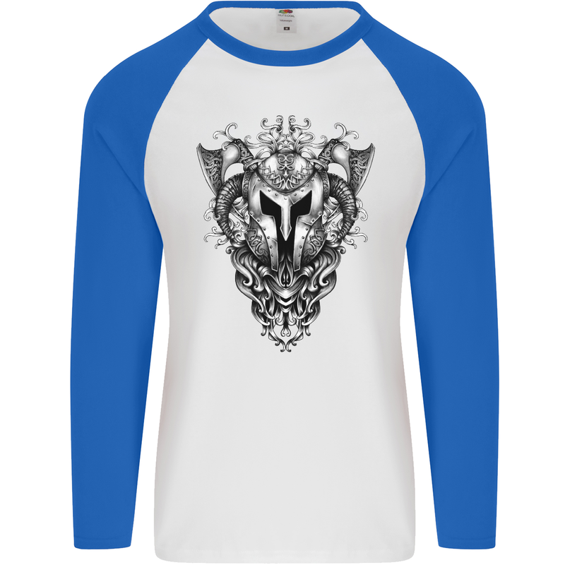 Viking Helmet Valhalla Gym Training Top Mens L/S Baseball T-Shirt White/Royal Blue