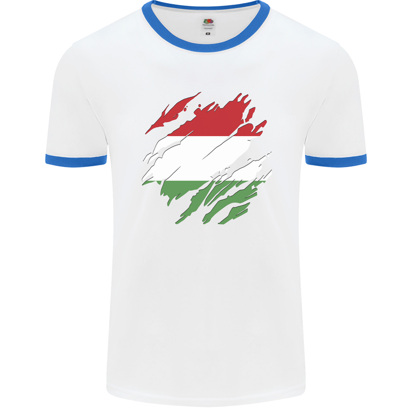 Torn Hungary Flag Hungarian Day Football Mens Ringer T-Shirt White/Royal Blue