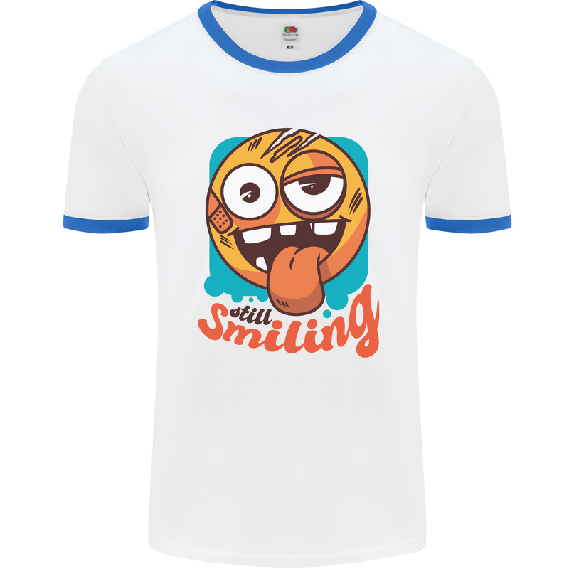 Still Smiling Funny Emoji Exhausted Tired Mens Ringer T-Shirt White/Royal Blue