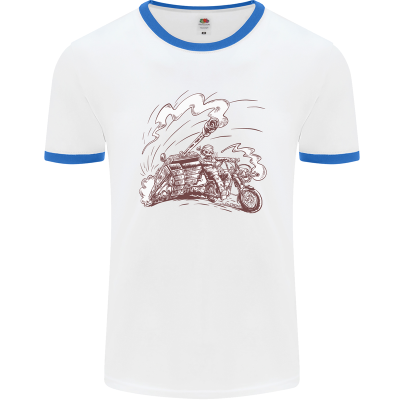 An Army Biker With Tank Skull Motorcycle Mens Ringer T-Shirt White/Royal Blue