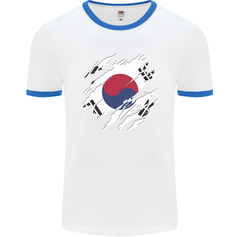 Torn South Korea Flag Korean Day Football Mens Ringer T-Shirt White/Royal Blue