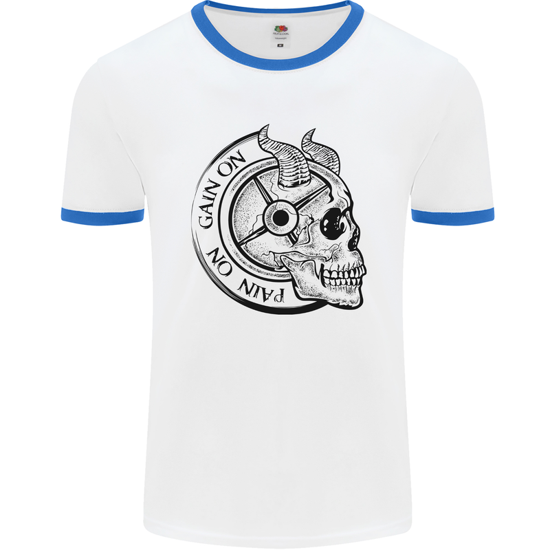 No Pain No Gain Devil Skull Gym Training Mens Ringer T-Shirt White/Royal Blue