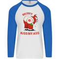 Merry Kiss My Ass Funny Christmas Rude Mens L/S Baseball T-Shirt White/Royal Blue