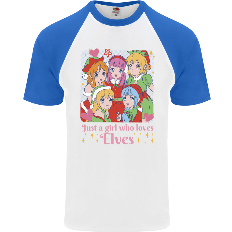 Anime A Girl Who Loves Elves Christmas Xmas Mens S/S Baseball T-Shirt White/Royal Blue