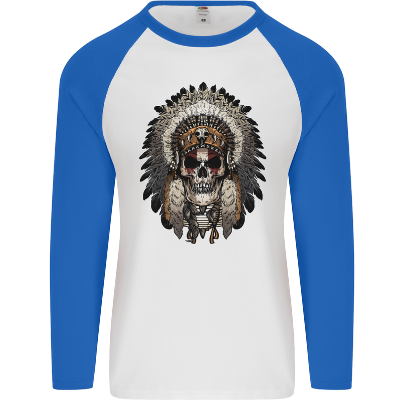 Native American Indian Skull Headdress Mens L/S Baseball T-Shirt White/Royal Blue