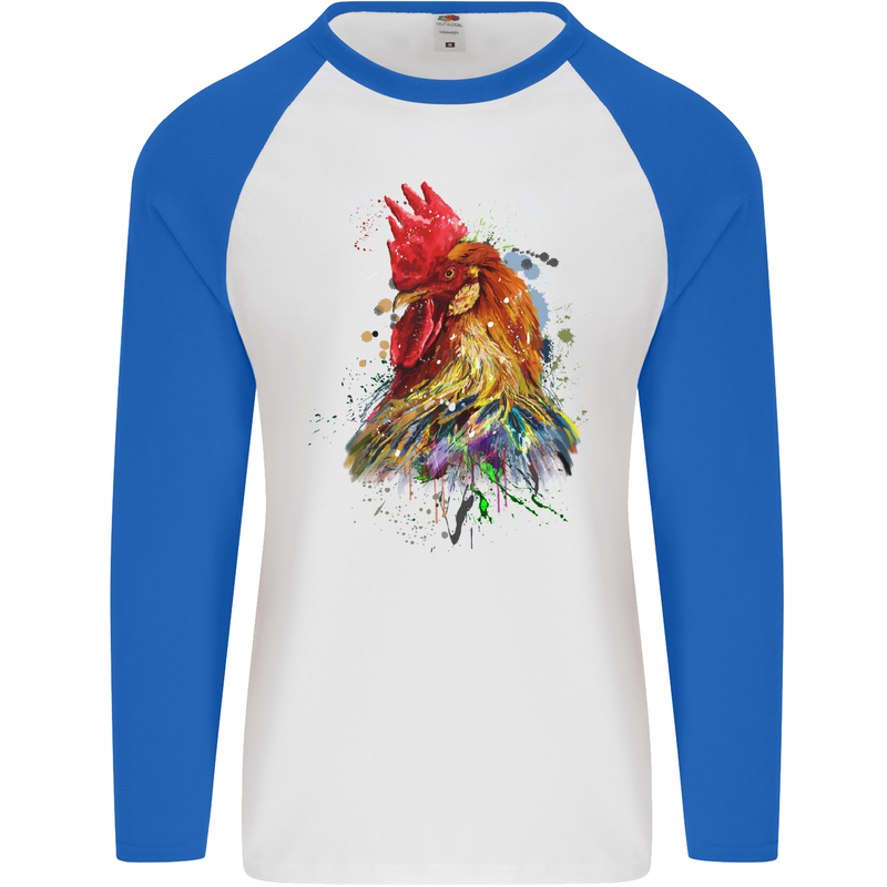 A Chicken Watercolour Mens L/S Baseball T-Shirt White/Royal Blue