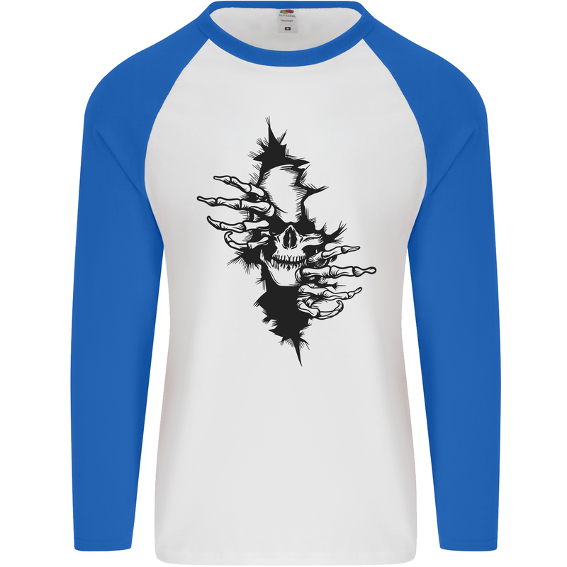 A Skull From a Ripped Shirt Gothic Goth Biker Mens L/S Baseball T-Shirt White/Royal Blue