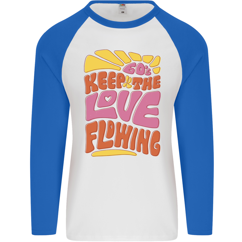 60s Keep the Love Flowing Funny Hippy Peace Mens L/S Baseball T-Shirt White/Royal Blue