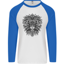 Mandala Lion Mens L/S Baseball T-Shirt White/Royal Blue