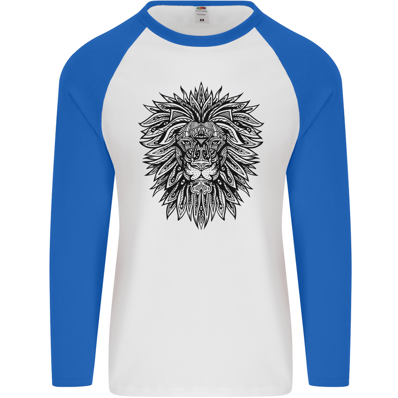 Mandala Lion Mens L/S Baseball T-Shirt White/Royal Blue