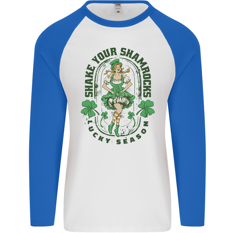 St Patricks Day Shake Your Shamrocks Mens L/S Baseball T-Shirt White/Royal Blue