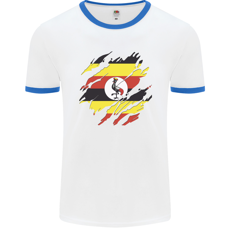 Torn Uganda Flag Ugandan Day Football Mens Ringer T-Shirt White/Royal Blue